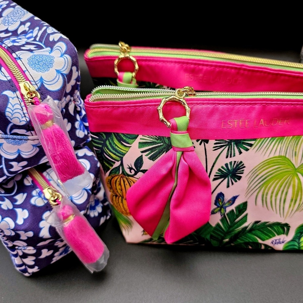 Estee Lauder Cosmetic Bag Set Floral Tropical Print Pouch Zipper Gold Accents